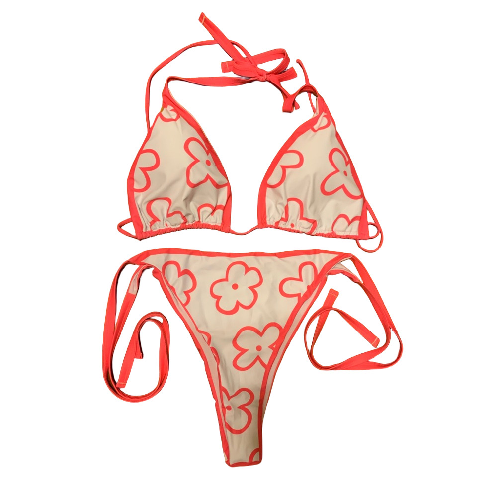 Y2K Hot Pink White Floral String Bikini Set XXL Halter Tie Side Swimsuit
